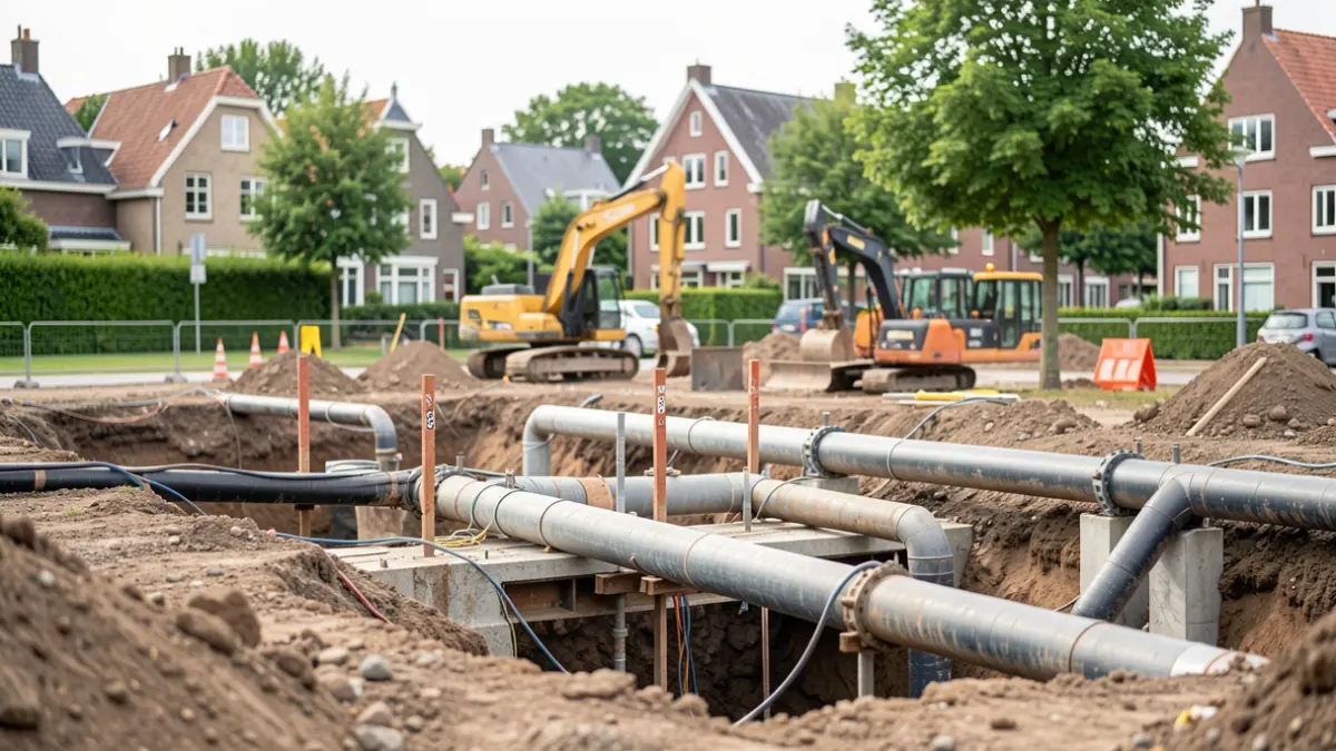 Generic image of a construction site with pipes and machinery, with greenery and houses in the background.