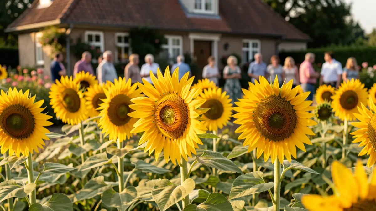 Een veld met zonnebloemen voor een Vlaamse woning.