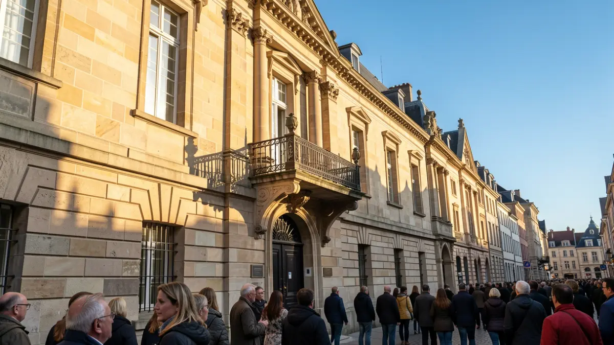 Generieke afbeelding van een Vlaamse stadhuisgevel met een balkon en balustrade, in de warme middagzon.