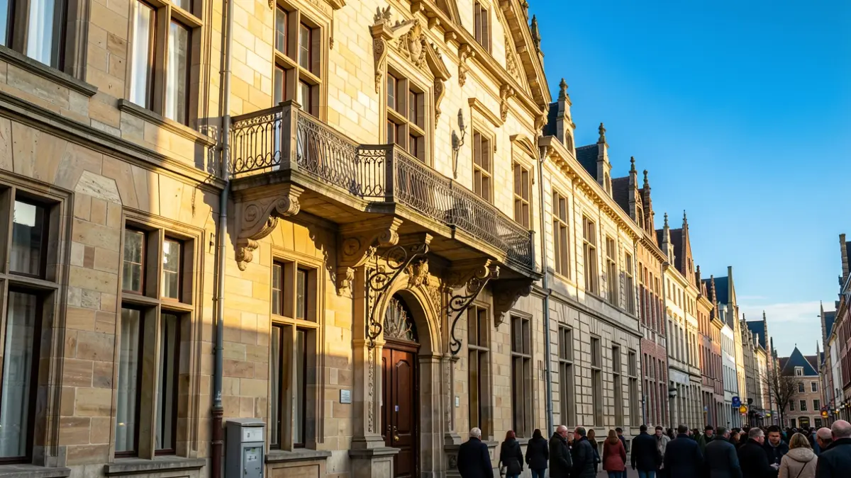 Generic image of the facade of a Flemish town hall with an ornate balcony and iron railings, in warm afternoon sunlight, with a blue sky.