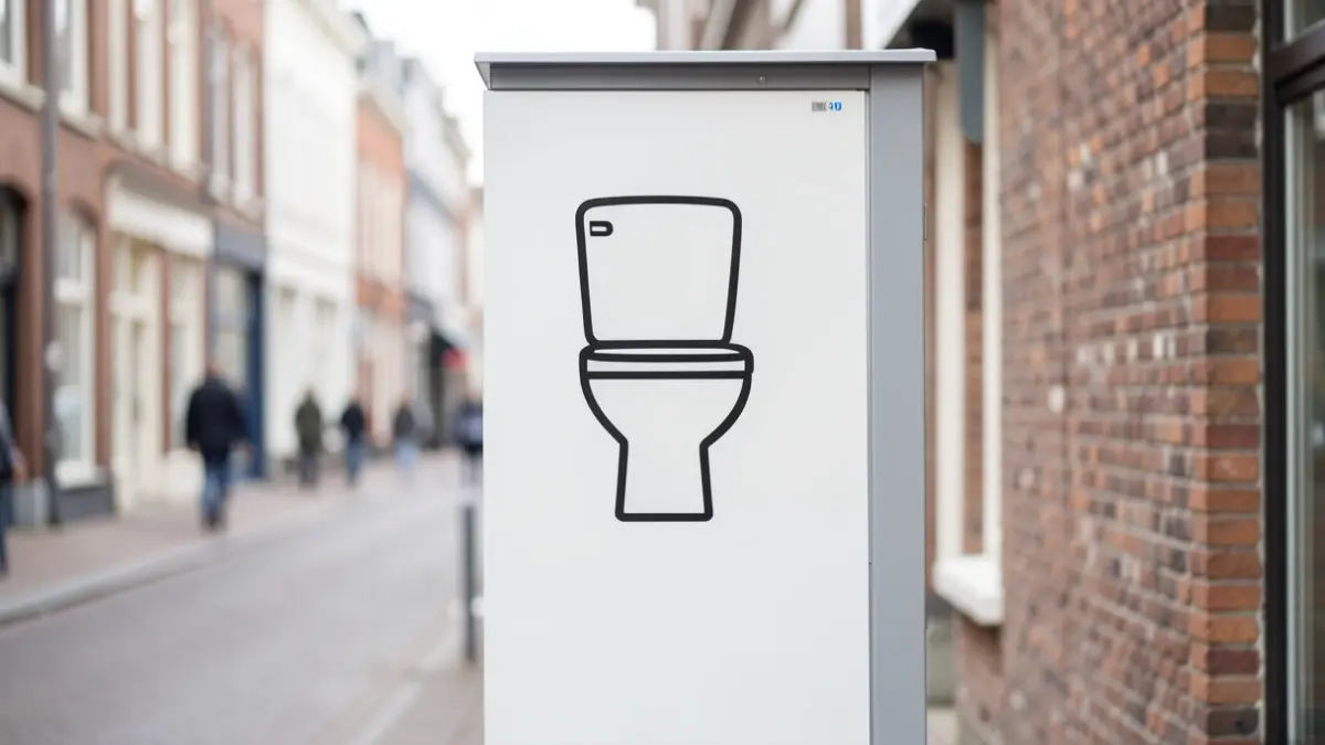 Generic image of a recognizable public toilet sign with a clear pictogram, set against a neutral city background.