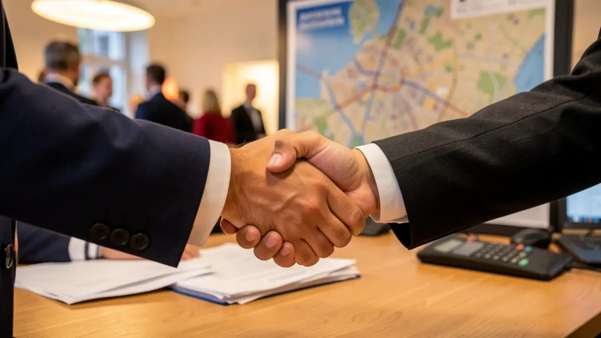 Hands shaking over a desk with an Antwerpen city map, symbolizing cooperation for a youth project.