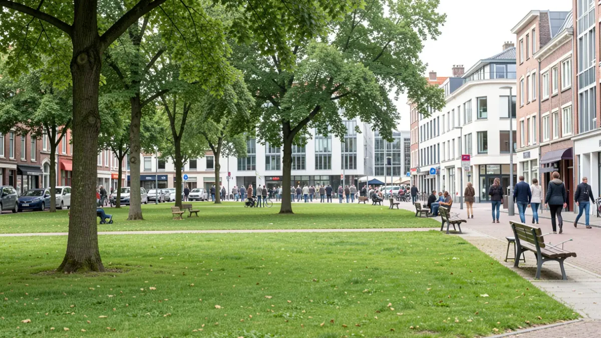 Green city park with trees and benches, with modern buildings in the background, symbolizing urban sustainability.