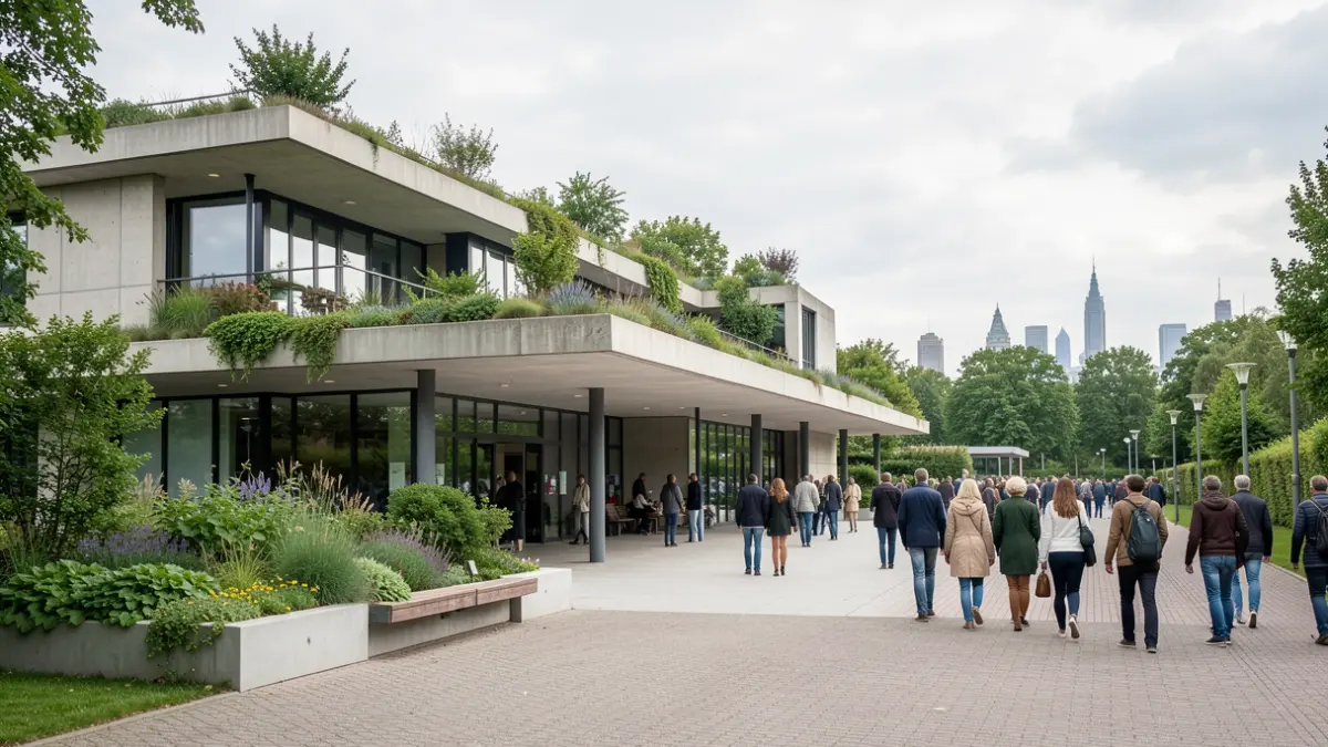 Generic image of a modern public park entrance in Flanders, featuring clean lines and integrated greenery, with a subtle hint of a city skyline in the background. Soft, diffused daylight.