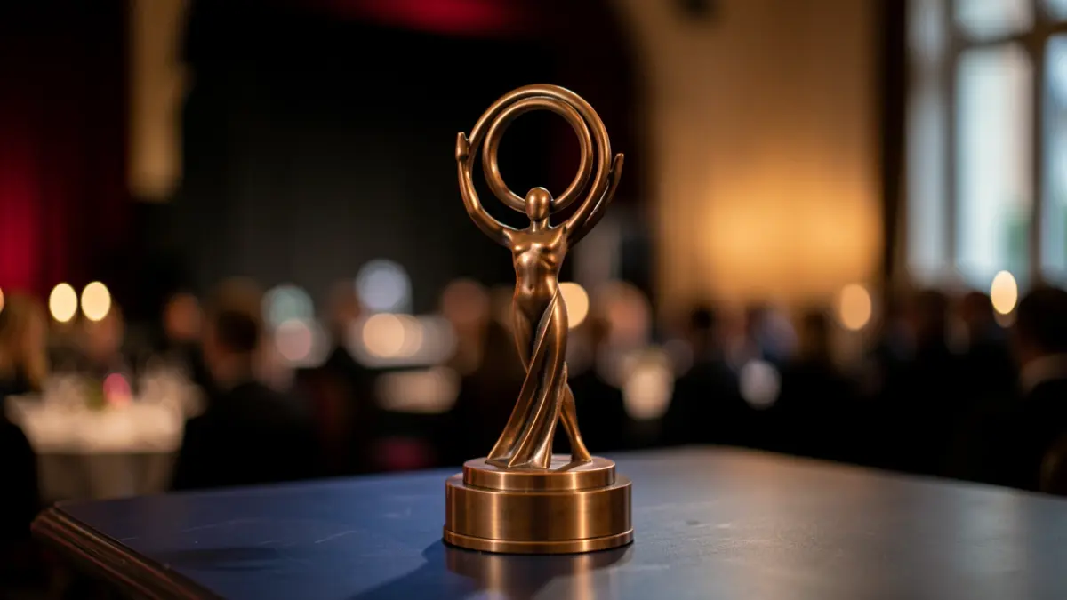Bronzen Effie Award trofee op een donker oppervlak met een wazige achtergrond van een evenement.