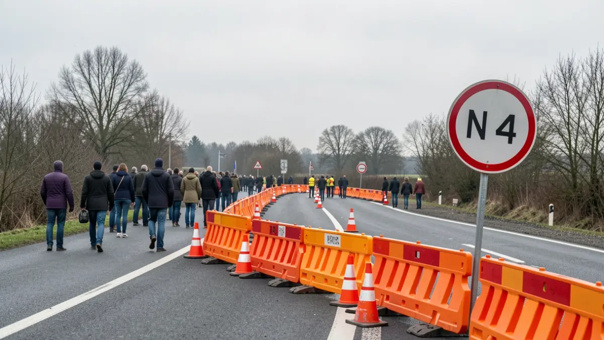 Generieke afbeelding van wegwerkzaamheden op een Belgische gewestweg met oranje barrières en verkeerskegels, een bord dat een snelheidsverlaging aangeeft, bewolkte hemel.