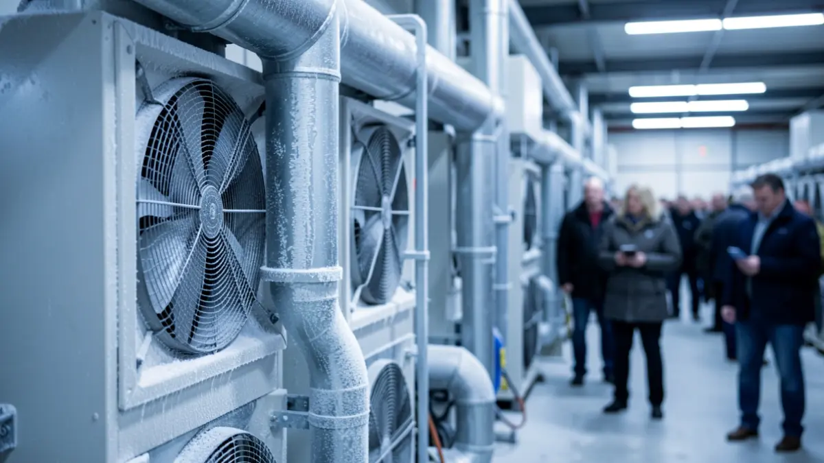Close-up of industrial refrigeration unit pipes and fans in a cold storage facility, with a subtle blueish tint indicating low temperature. Focus on the machinery and frost patterns, with a blurred background of more storage units.