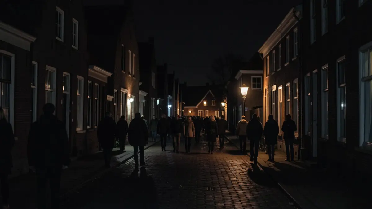 A dark street in Flanders during the Night of Darkness, with streetlights switched off and a few distant lights.