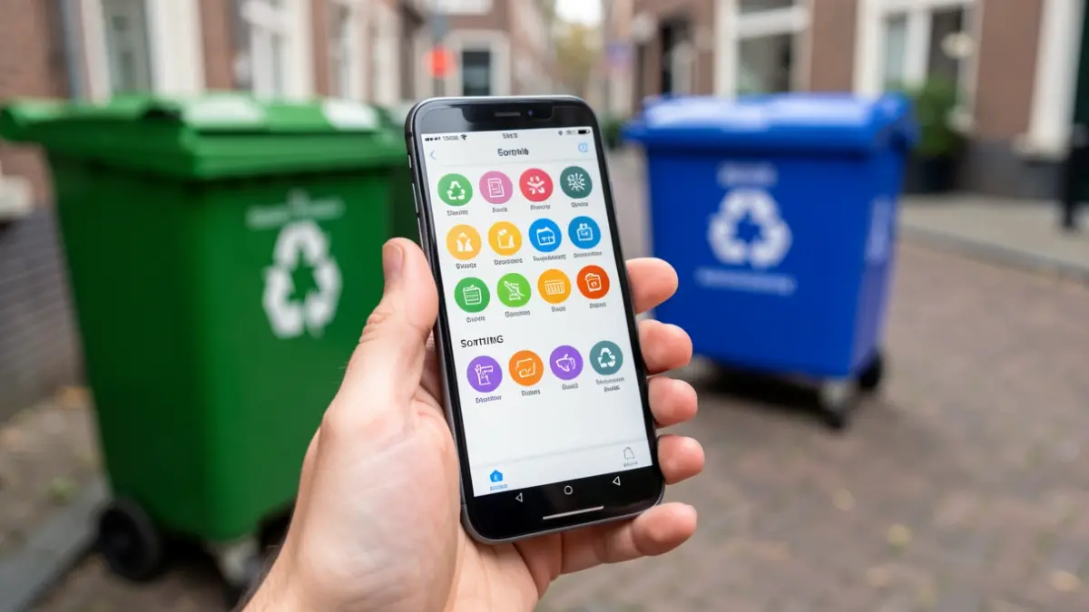 Generic image of a hand holding a smartphone with a sorting app, with recycling bins in a Flemish street in the background.