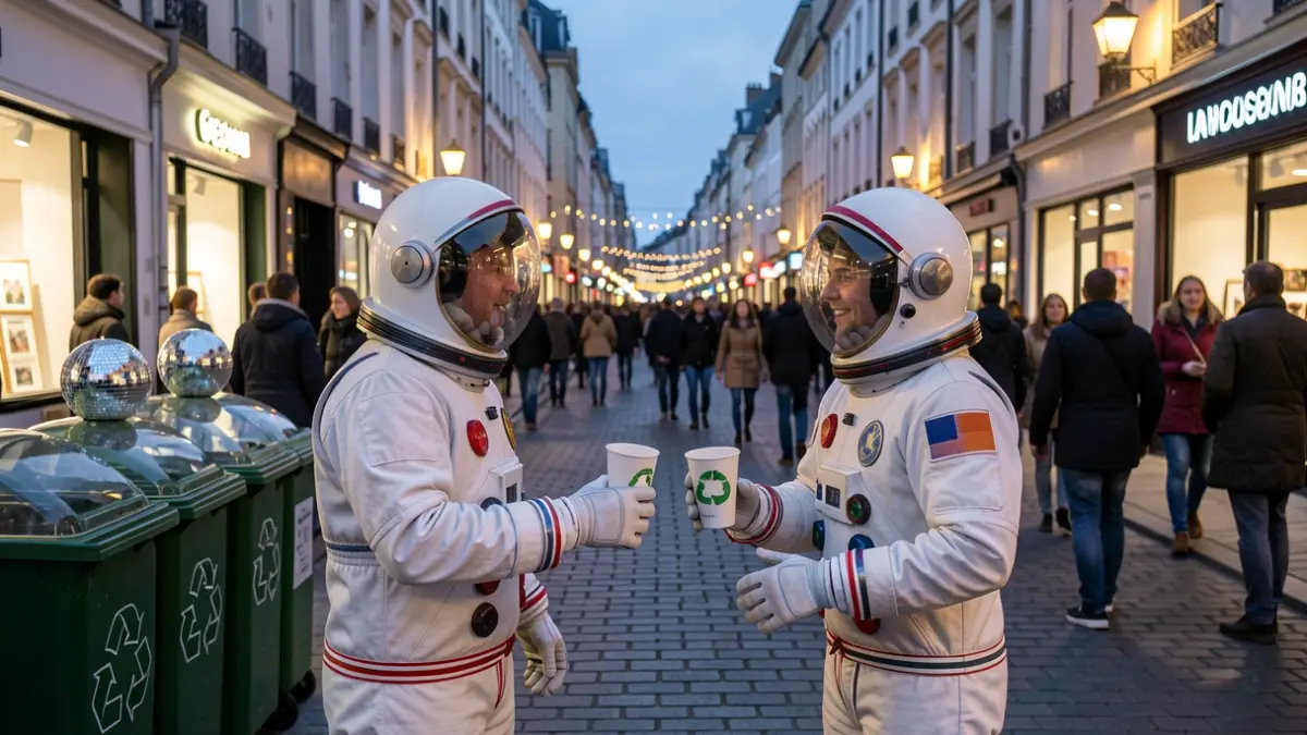 Two people in astronaut suits handing out reusable cups on a busy street at dusk, with disco balls on glass recycling bins.