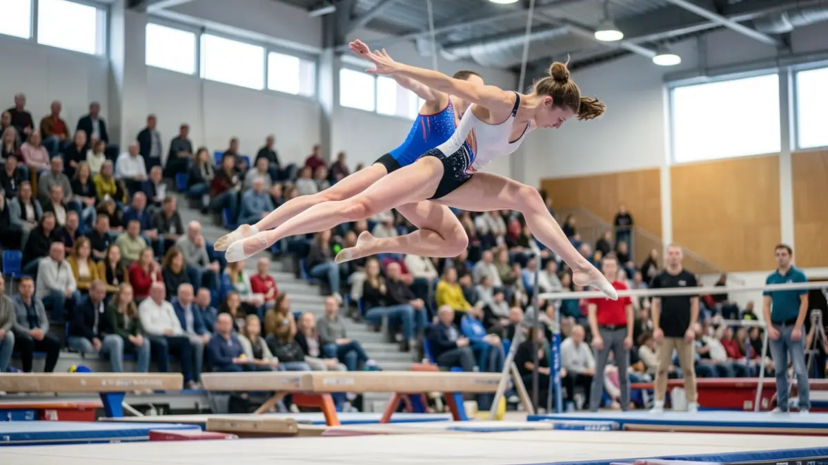 Gymnasten in de lucht tijdens een training in een moderne sportzaal, met wazige toeschouwers op de achtergrond.