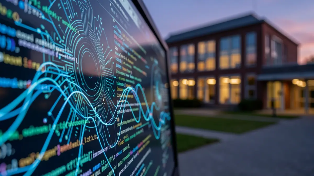 Generic image of a digital interface with abstract AI patterns and code.