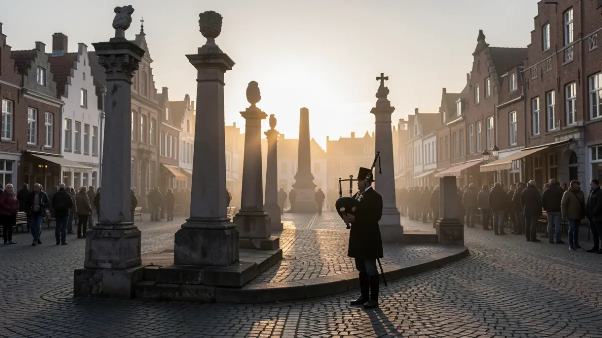 Generieke afbeelding van herdenkingsmonumenten in Vlaanderen bij zonsopgang met een doedelzakspeler.
