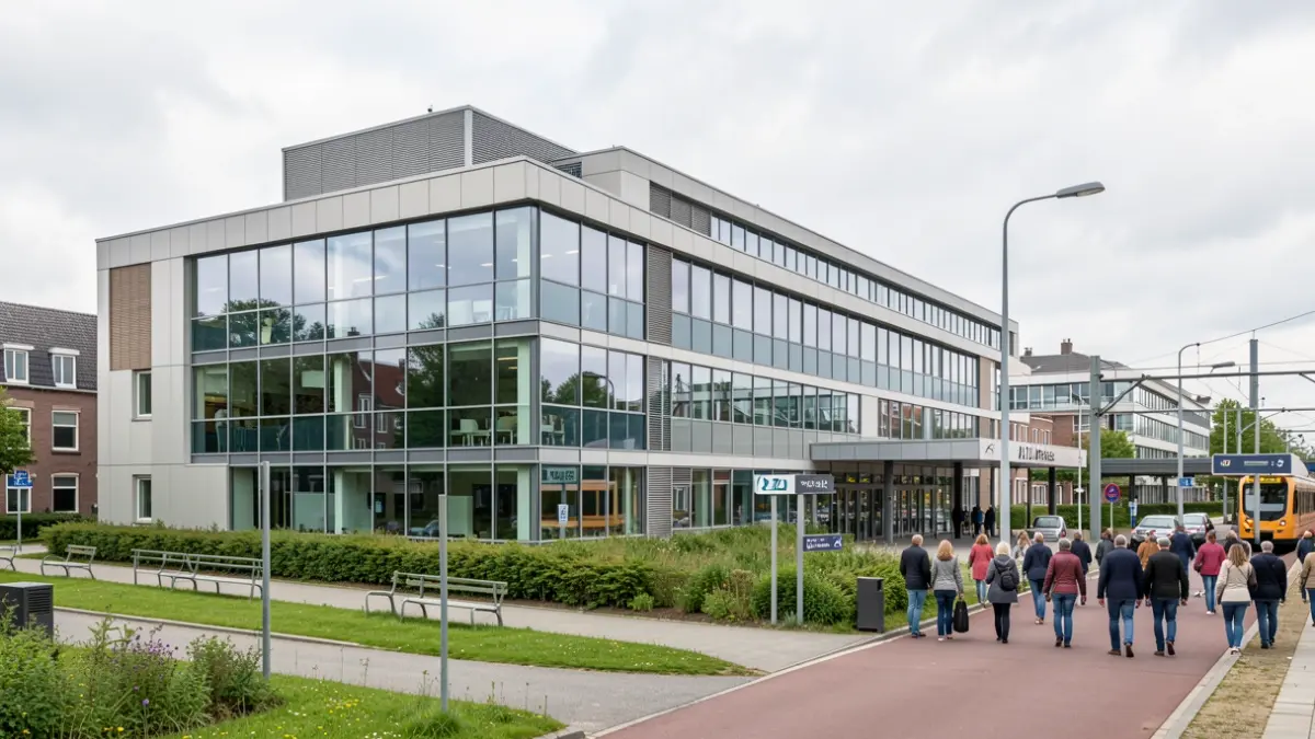 Modern, sustainable hospital architecture of AZ Jan Portaels in Vilvoorde, focusing on patient care and renewable energy.