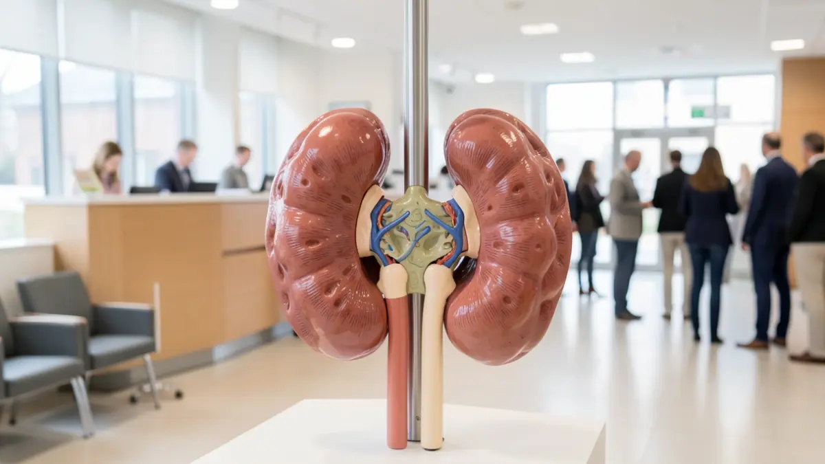 Generieke afbeelding van een gedetailleerd anatomisch model van de prostaat en blaas in een moderne ziekenhuisreceptie.