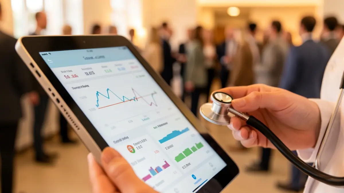 Generieke afbeelding van een medische tablet met gezondheidsgegevens en een verpleegkundige hand met stethoscoop op de achtergrond.