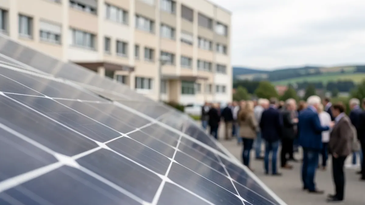 Generic image of a solar panel with a hospital building and landscape in the background.