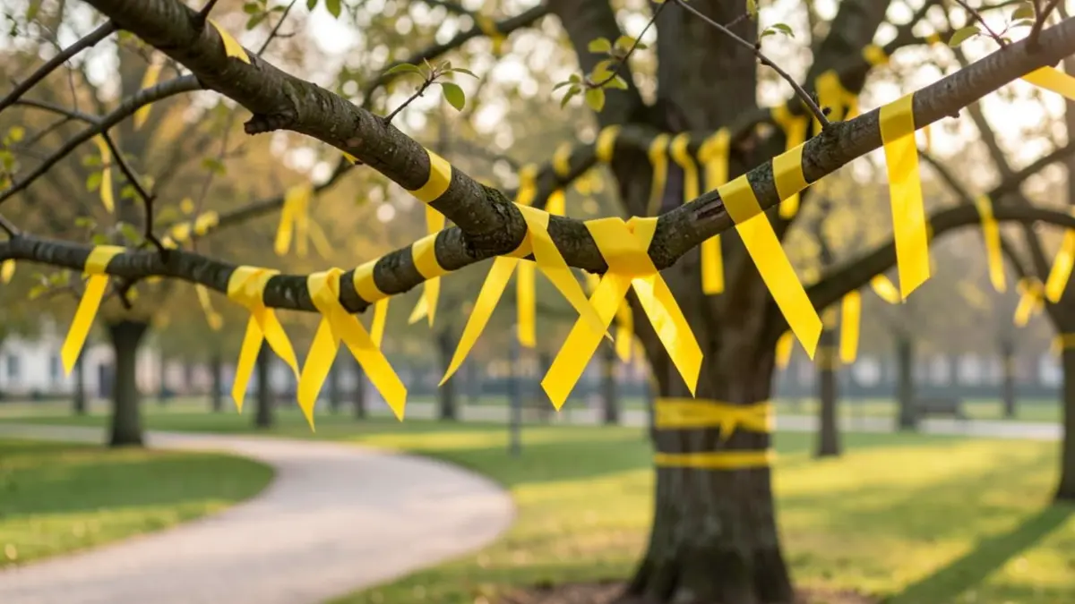 Generieke afbeelding van symbolische gele lintjes die rond boomtakken zijn gebonden in een park, met zacht ochtendlicht en een ondiepe scherptediepte, die solidariteit en steun uitbeelden.