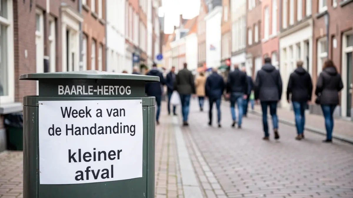 A street scene in Baarle-Hertog during the Week of Enforcement, featuring a public trash bin for smaller waste, with a clean street and Flemish architecture in the background.