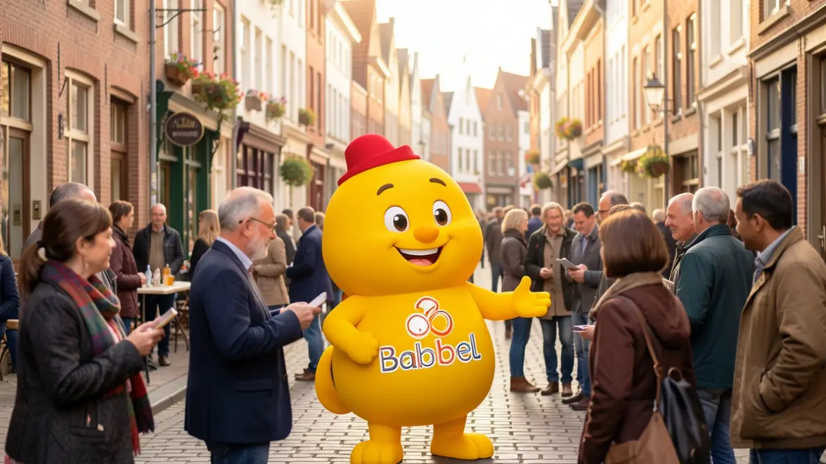 A cheerful, stylized mascot named 'Babbel' representing the Dutch language, interacting with diverse people in a vibrant Flemish community.