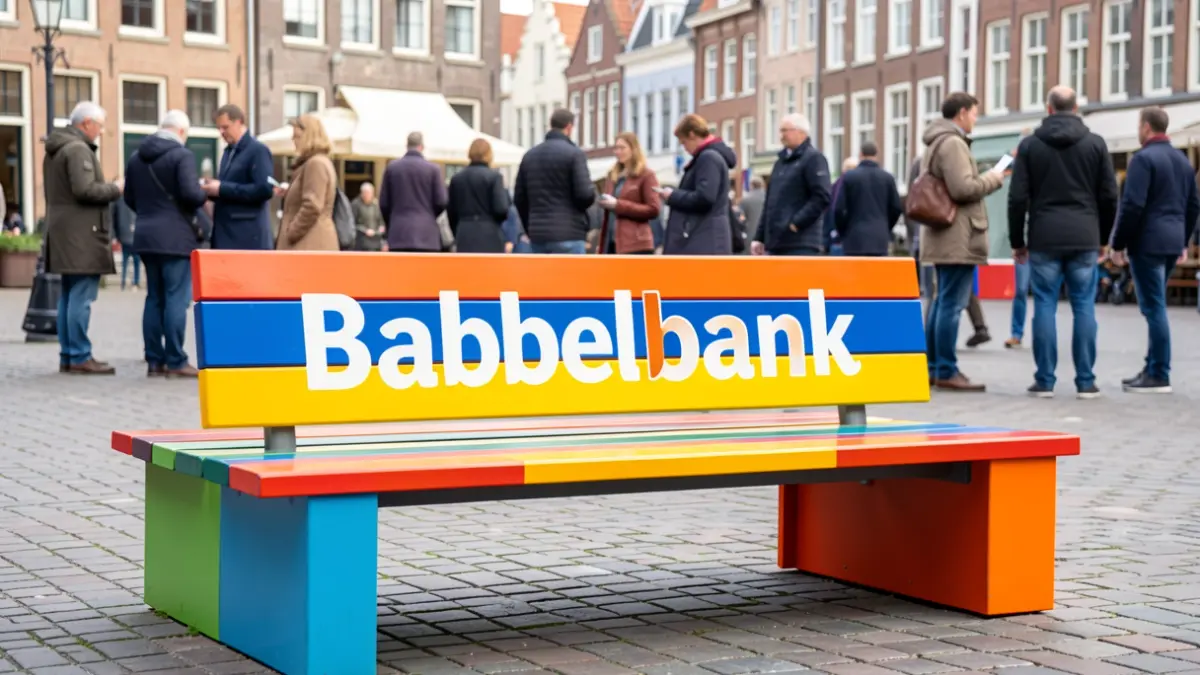 A colorful 'Babbelbank' in a Flemish town square, with people conversing in the background.