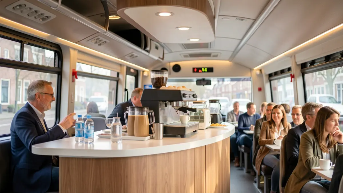 Mobiele ontmoetingsplek en dienstverleningsloket in een bus, ingericht als koffiehoek.