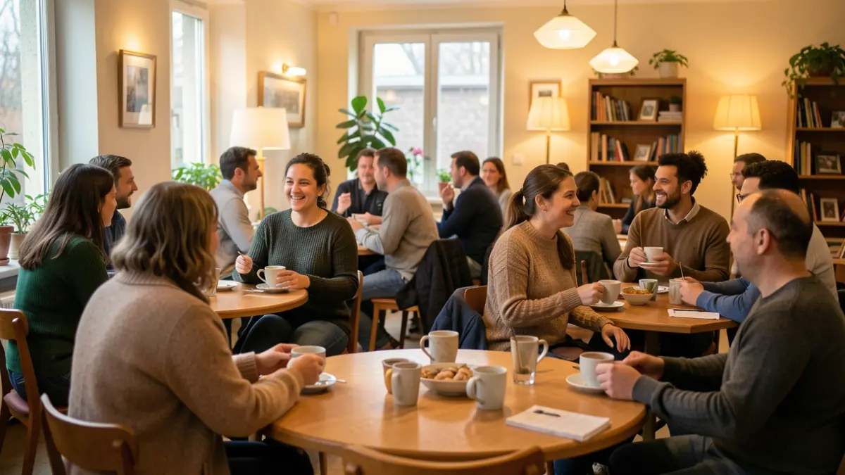 Generic image of volunteers offering coffee and engaging in conversation in a community space.