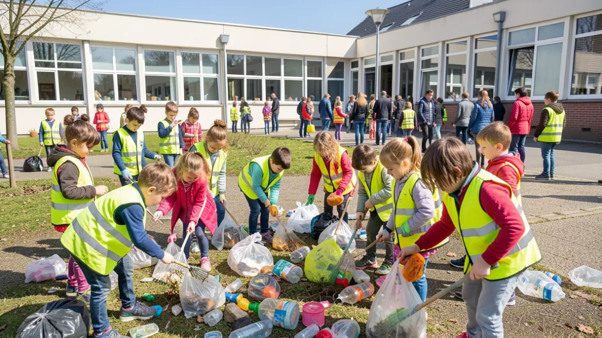 Generieke afbeelding van een groep basisschoolkinderen die enthousiast zwerfvuil opruimen rond hun schoolgebouw.