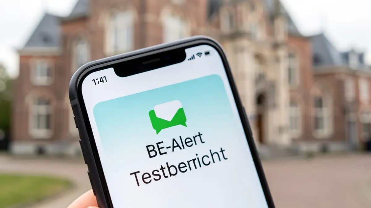 Smartphone screen showing a BE-Alert test message, with a Flemish town hall facade in the blurred background.
