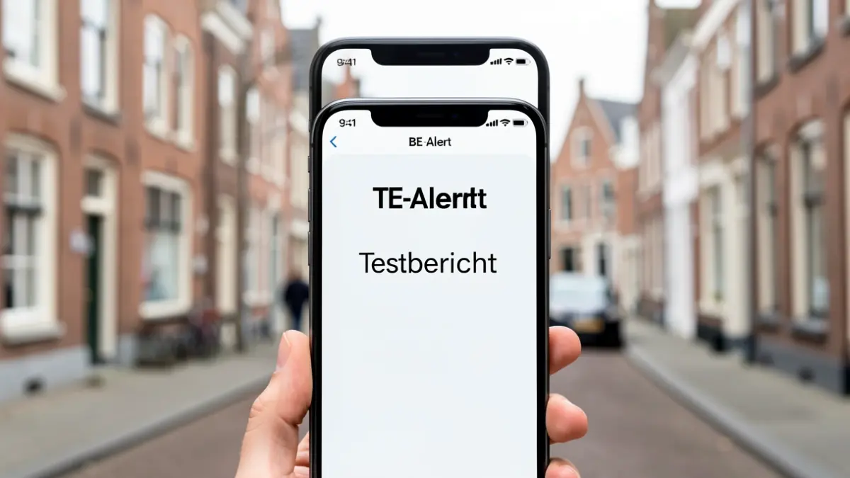 A smartphone displaying a BE-Alert test message, with a typical Flemish street with brick houses in the background.