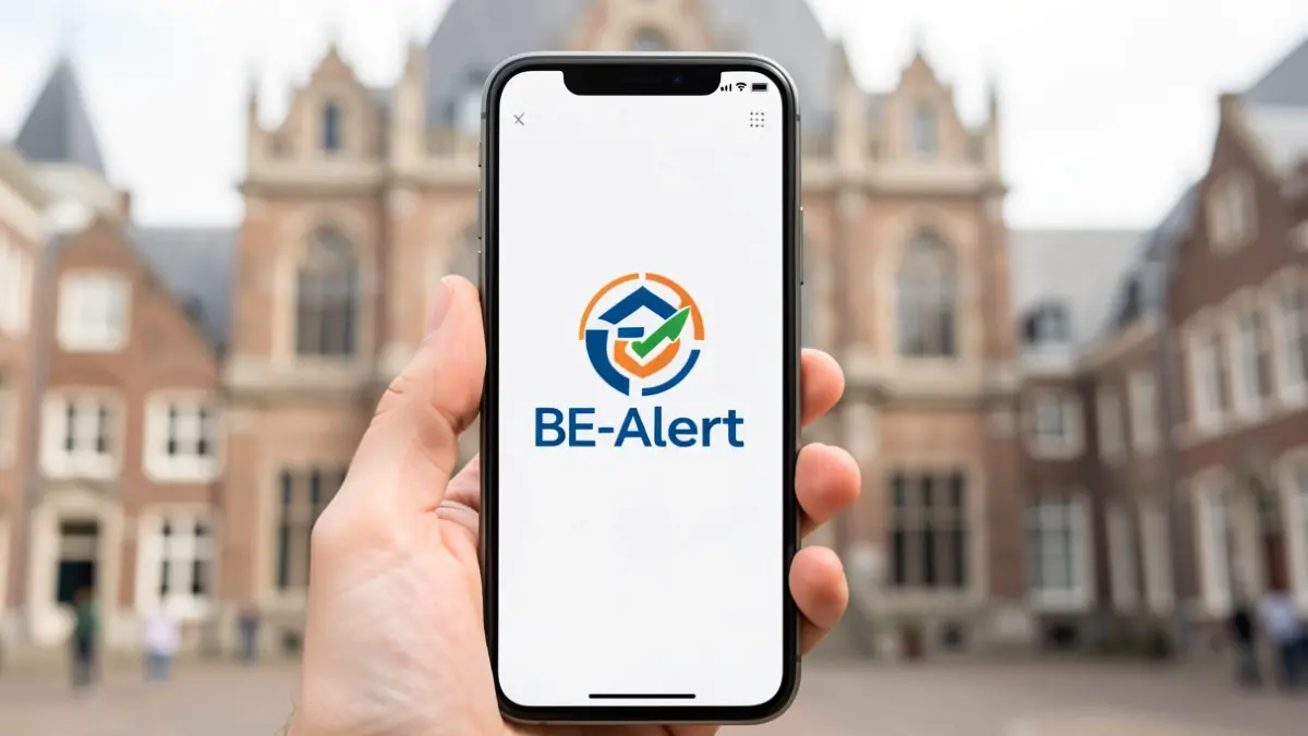 Generieke afbeelding van een smartphone met het BE-Alert logo, met op de achtergrond de gevel van een Vlaams gemeentehuis.