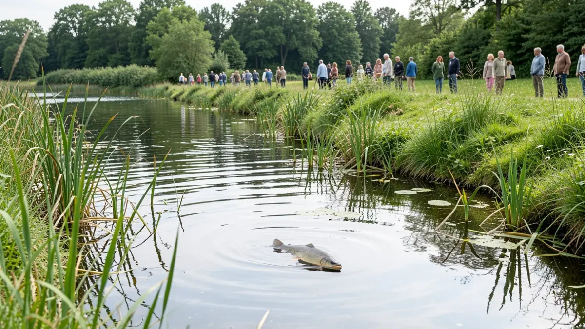 Een rustig natuurgebied in Vlaanderen met water en riet, waar een bedreigde vissoort wordt uitgezet.