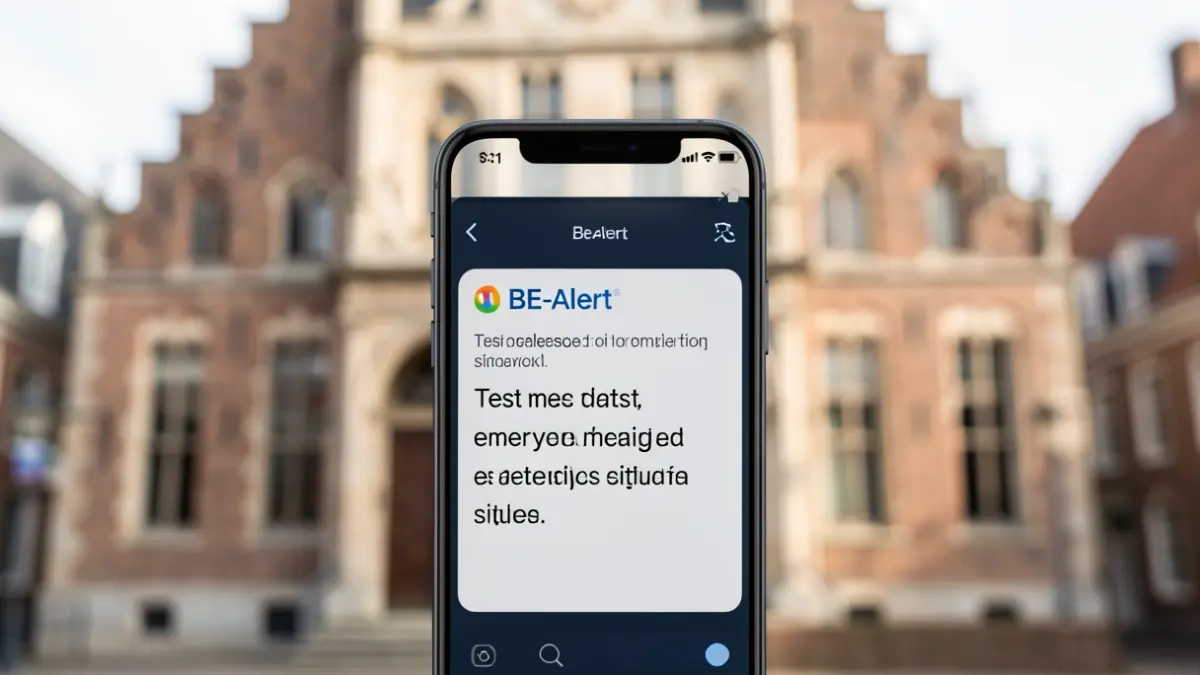 Scherm van een smartphone met een testbericht van het BE-Alert systeem, met op de achtergrond de gevel van een Vlaams gemeentehuis.