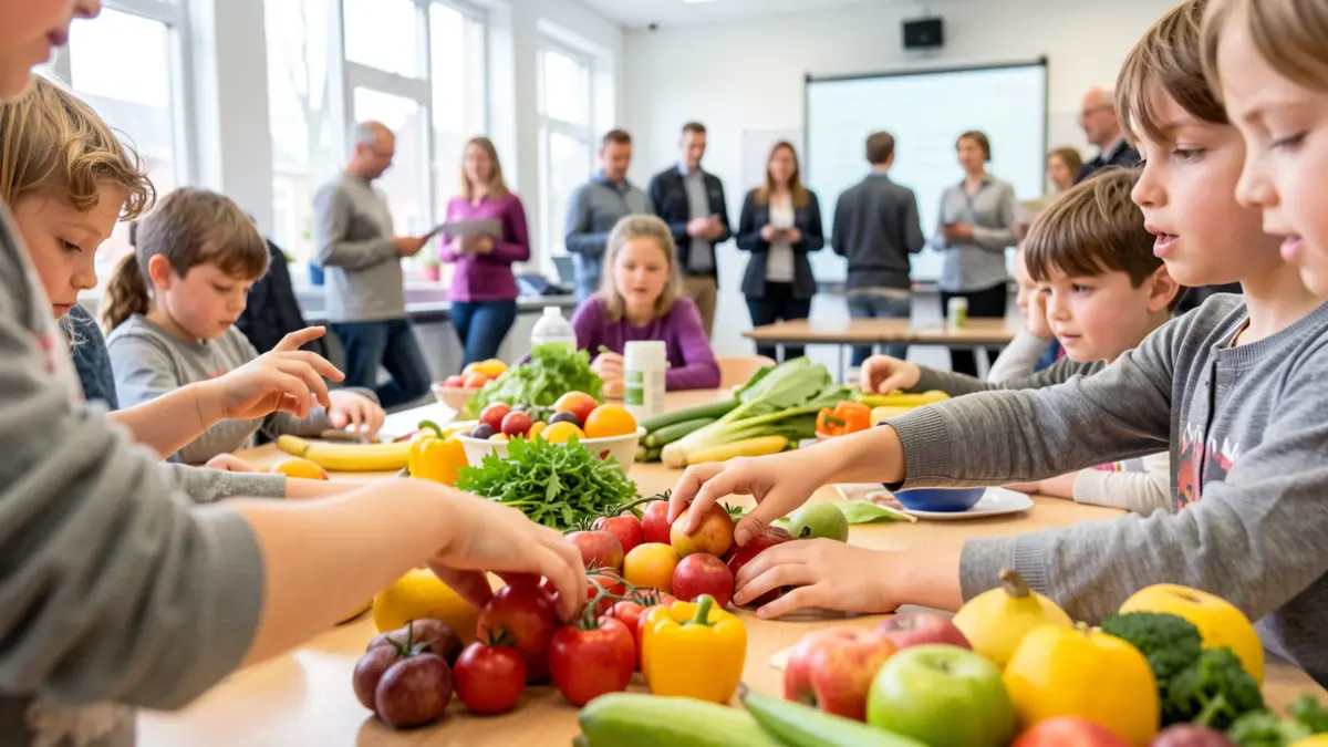 Generic image of children participating in a workshop about fair trade products, with colorful fruits and vegetables on a table in a bright classroom setting. Focus on the hands of the children interacting with the products.