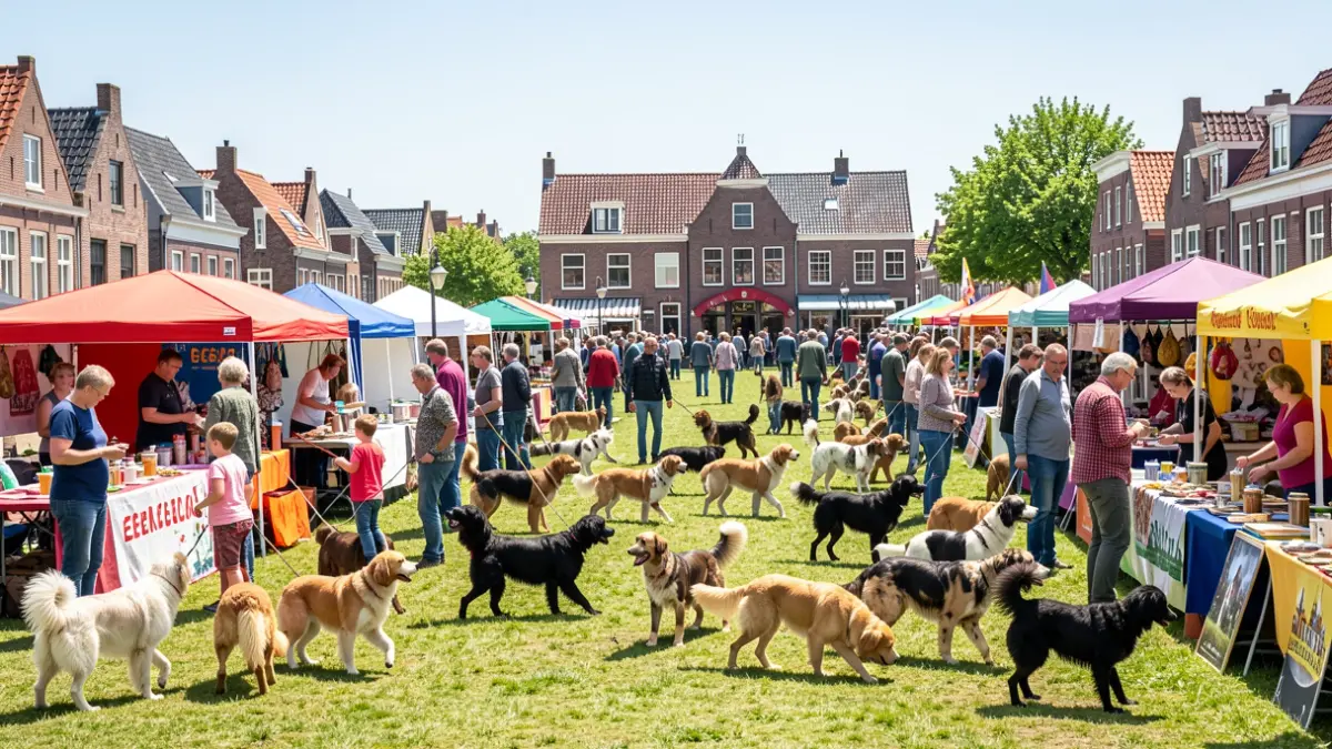 Een levendige buitendag met dieren, standhouders en gezinnen in Eeklo, Vlaanderen.