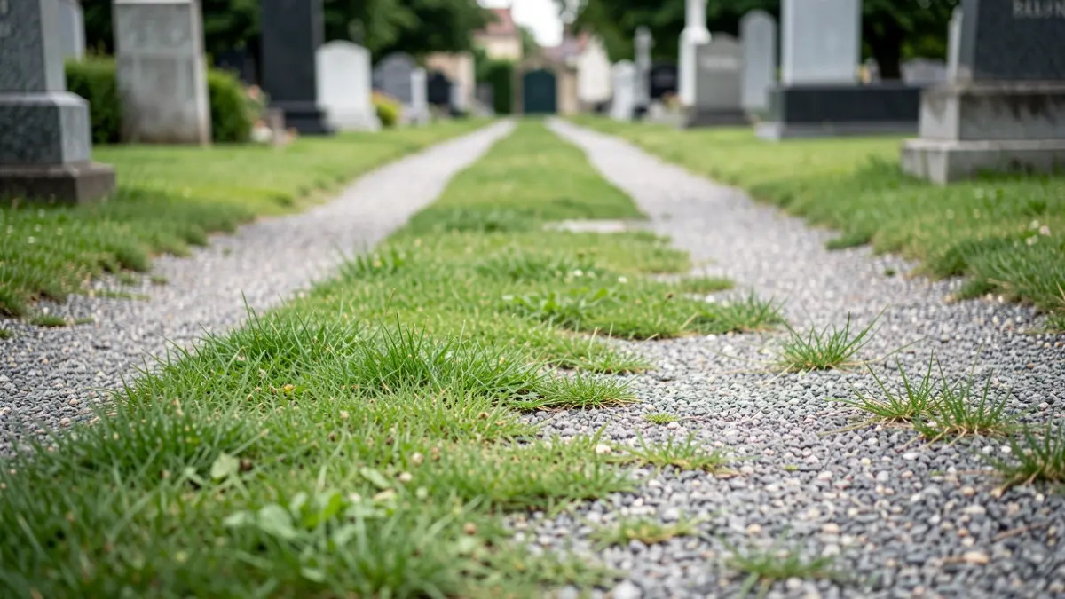 Generieke afbeelding van grindpaden met gras dat ertussen groeit in een begraafplaats, wat zorgt voor een groener uiterlijk.