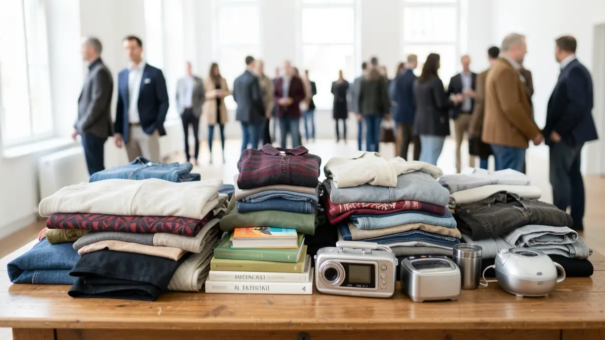Generic image of a pile of reusable items like clothes, books, and small appliances neatly arranged on a wooden table, with a blurred background of a bright, clean room.
