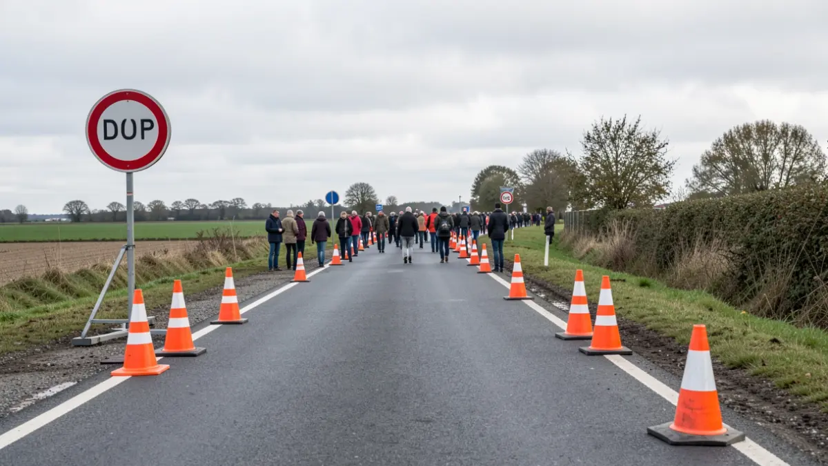 Generieke afbeelding van wegwerkzaamheden op een landelijke asfaltweg in Vlaanderen met oranje verkeerskegels en omleidingsborden.