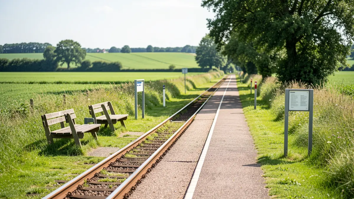 Een fietsroute door een groen Vlaams landschap met nieuwe picknickbanken en infoborden langs een voormalige spoorlijn.