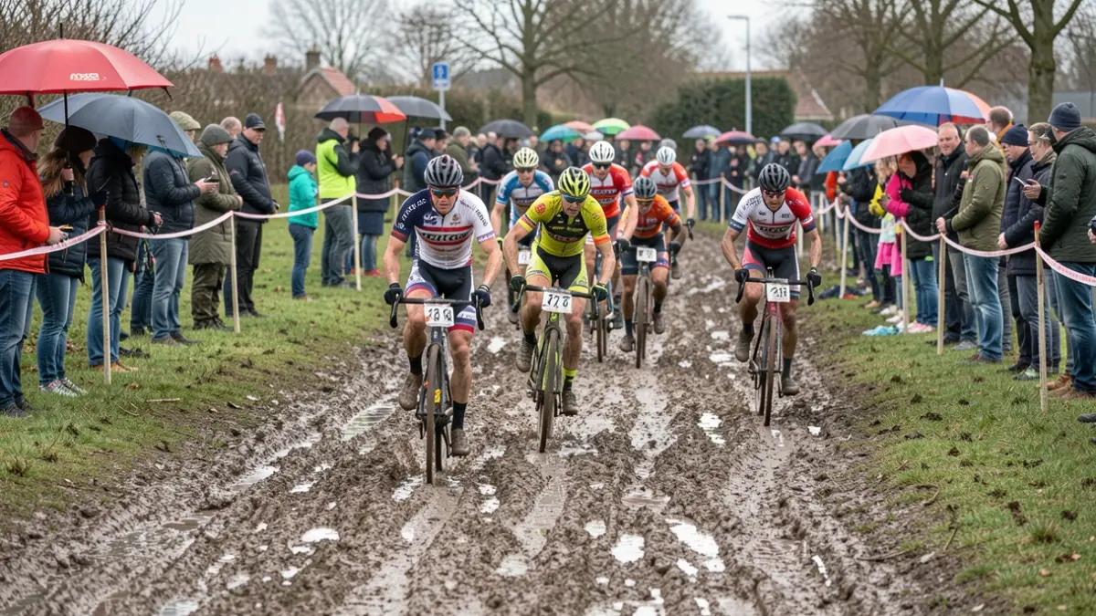 Cyclocross race at Domein Ter Borcht in Meulebeke with a muddy course and spectators.