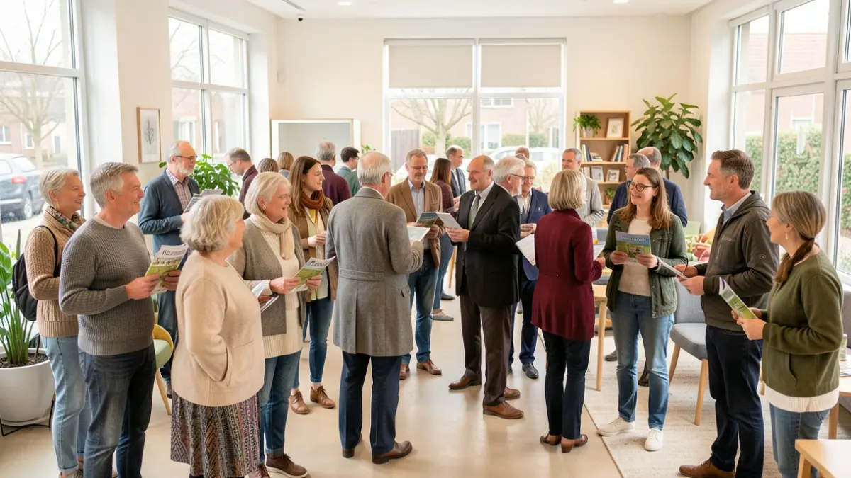 Generic image of a diverse group of people of various ages and backgrounds gathered in a bright, modern community center, some holding brochures and engaging in conversation, warm and welcoming atmosphere, soft natural light.