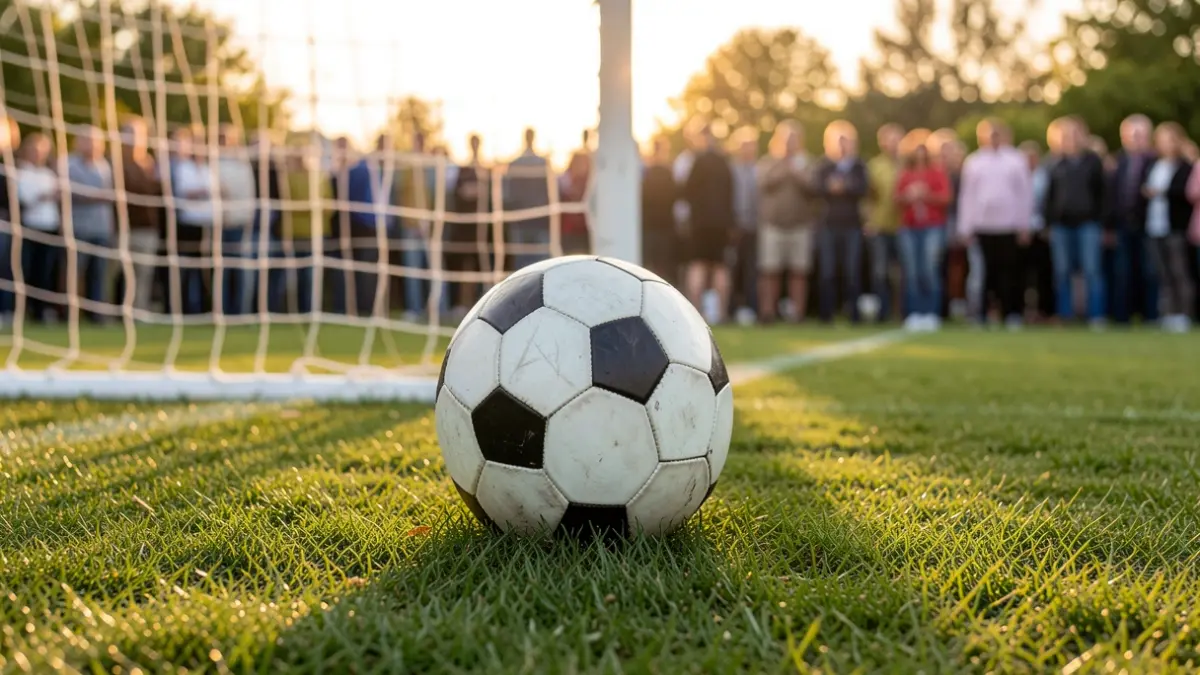 Generic image of a soccer ball on a grass field with a blurred goal net in the background.