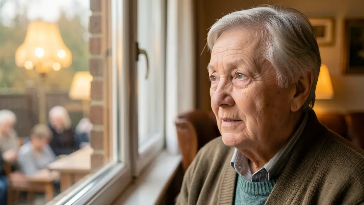 Generieke afbeelding van een oudere persoon die nadenkend uit een raam kijkt, met een vage achtergrond van een gezellige woonkamer. Zachte, warme verlichting. Focus op de uitdrukking van hoop en welzijn.