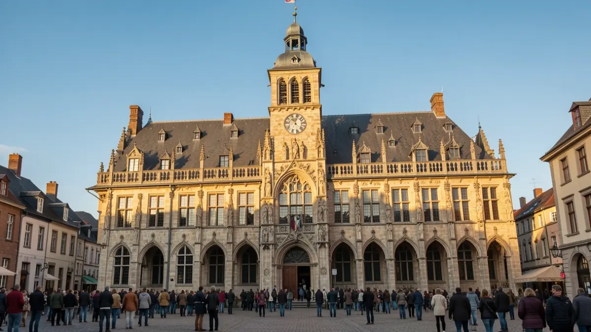 Generieke afbeelding van de gevel van een Vlaams stadhuis met een klokkentoren, traditionele architectuur, warm middaglicht, blauwe lucht.