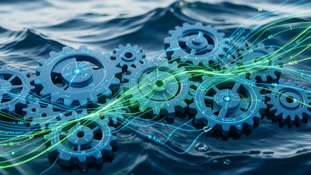 Generic image of innovation and collaboration in the blue economy, featuring abstract gears and data streams in blue and green tones.