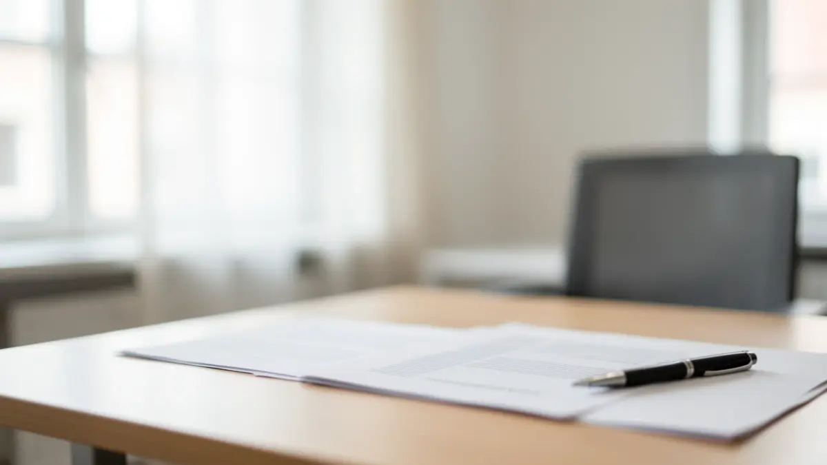 Generieke afbeelding van een modern, goed verlicht kantoorinterieur met een wazige achtergrond, wat een professionele setting suggereert. Focus op een bureau met wat papieren en een pen, wat duidt op consultatie of advies. Zachte, neutrale verlichting.