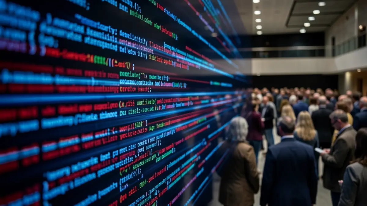 Generieke afbeelding van een digitaal beveiligingsincident met vervaagde code en datastromen in blauw- en roodtinten.