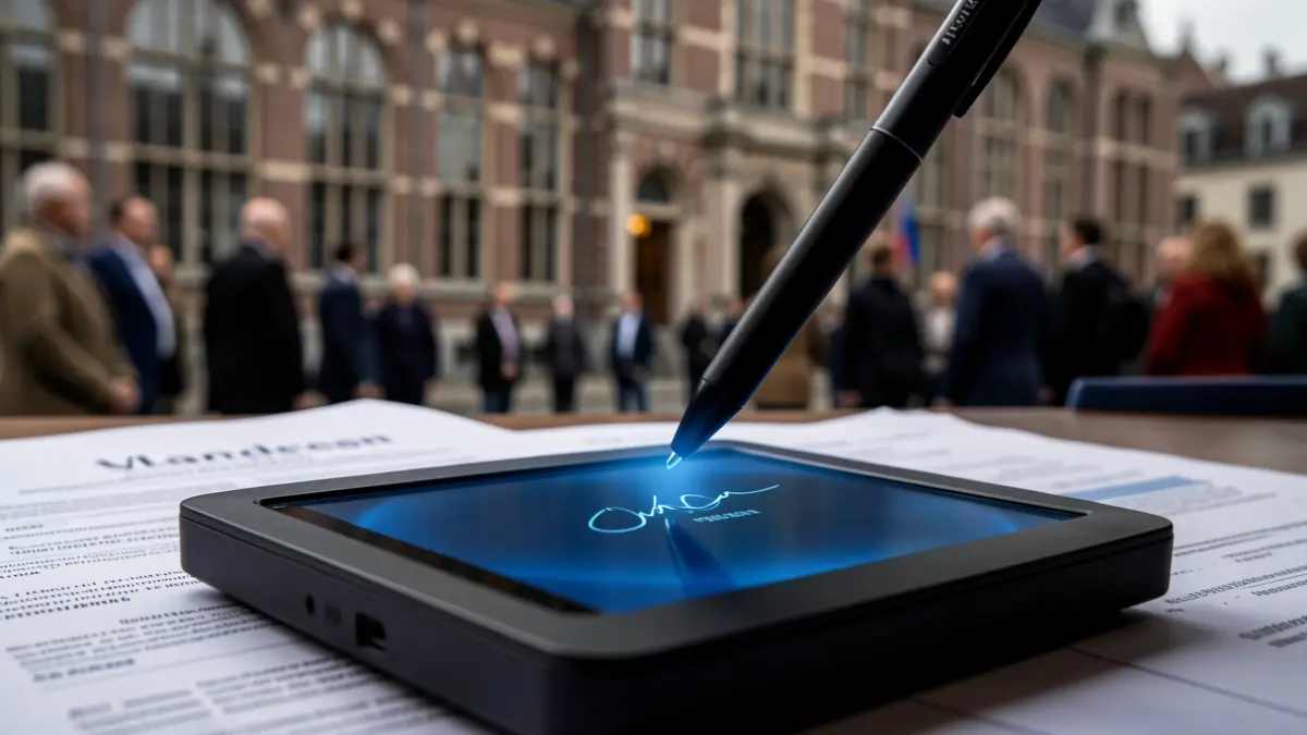 Generieke afbeelding van een digitaal ondertekenapparaat met een stylus, op de achtergrond vervaagde documenten en een gebouw.