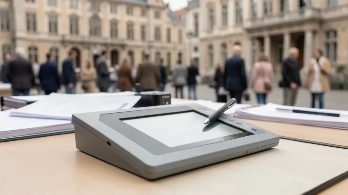 Generic image of a digital signing platform with a stylus, with blurred official documents and a Flemish town hall facade in the background.