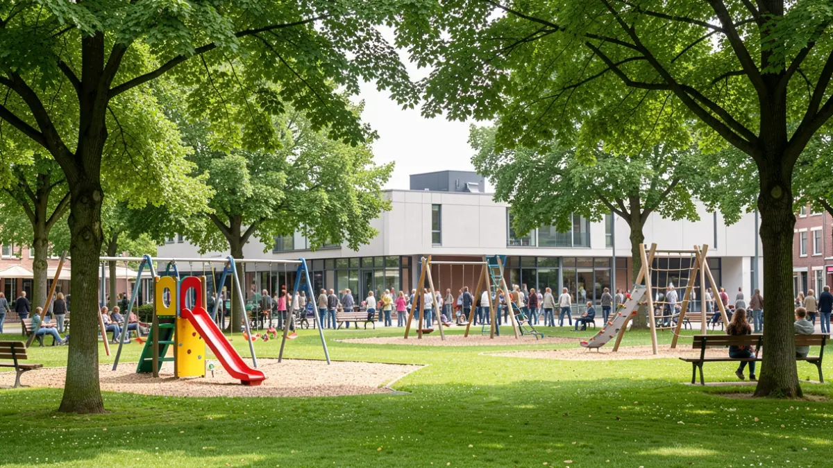 Generic image of a green play and meeting square with play equipment and trees.